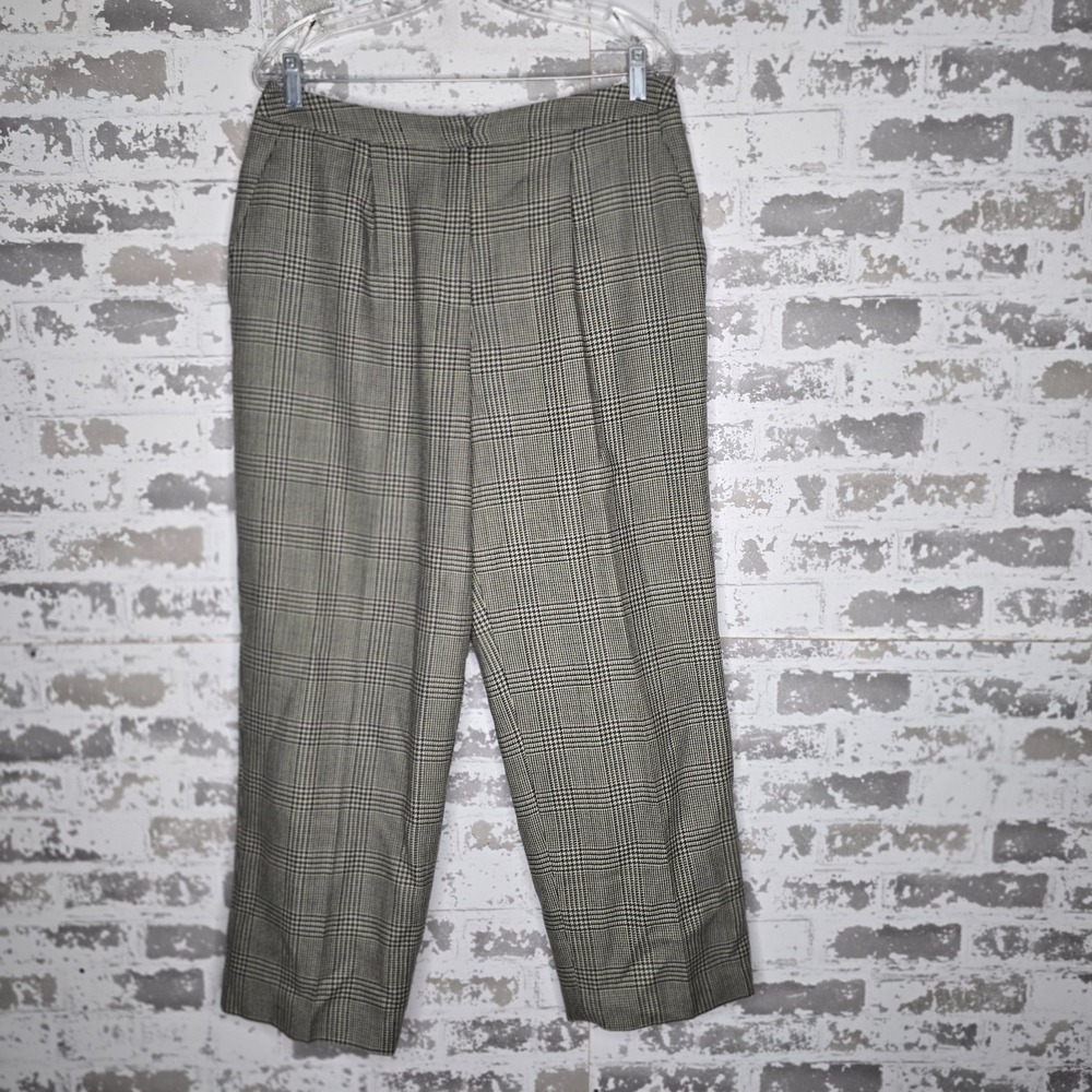 Talbots Dress Pants Womens 12 Brown Glen Plaid‎ 100% Wool USA Lined Trouser Work